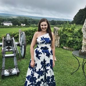 Blue and white floral ball gown